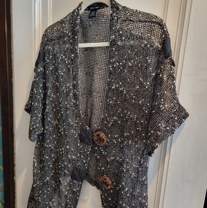 Katie Todd Crochet Cardigan Woman's Large Gray with black and white flecks